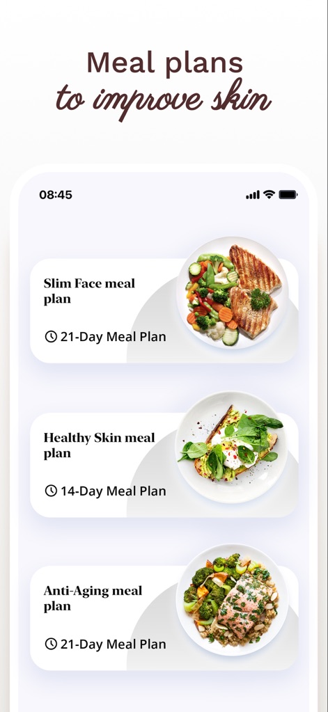 Luvly: Face Yoga Exercises - L'app propone "Meal plans to improve skin" con opzioni specifiche come il "Slim Face meal plan" e l'"Anti-Aging meal plan", ciascuno accompagnato da un'immagine illustrativa del pasto.