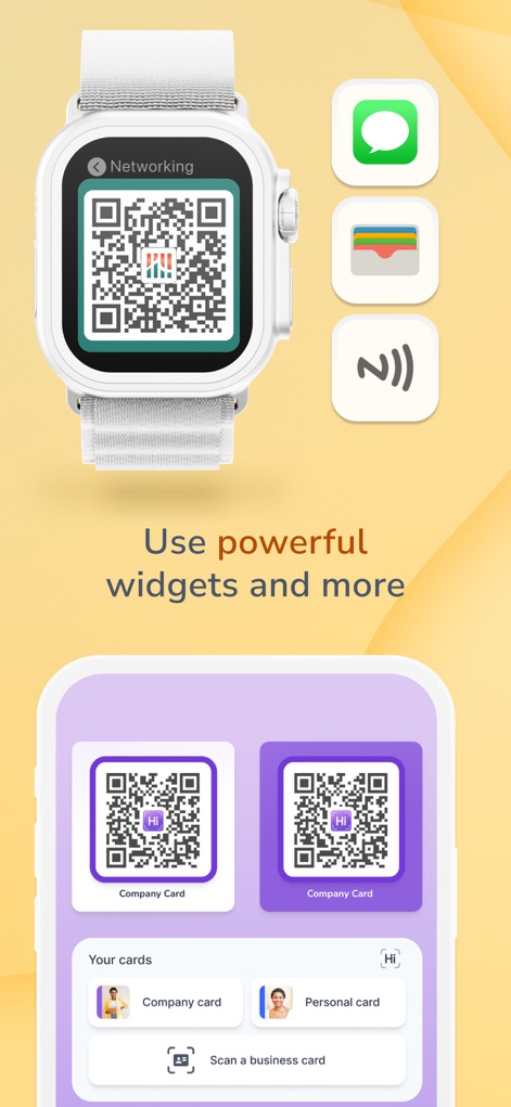 HiHello: Digital Business Card - O aplicativo integra-se com smartwatches, exibindo um QR code para compartilhamento rápido no pulso, e permite aos usuários gerenciar múltiplos cartões digitais como "Company Card" e "Personal card" em um único lugar.