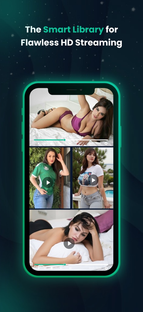 X Video Downloader - HD Player - La aplicación exhibe su interfaz de biblioteca inteligente, mostrando una colección de miniaturas de vídeo organizadas para la gestión privada, destacando el texto superior "The Smart Library for Flawless HD Streaming".