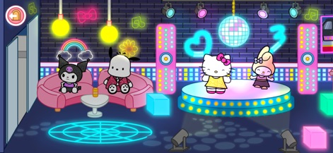 Hello Kitty And Friends World - The Ribbon's Club offers a dynamic setting where characters can dance under a shimmering disco ball and enjoy the vibrant neon lighting.