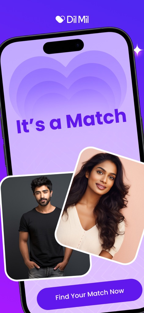 Dil Mil: South Asian Dating - L'app celebra le connessioni riuscite, mostrando le foto profilo di due utenti che hanno trovato un "Match" e il pulsante "Find Your Match Now" per incoraggiare l'azione.