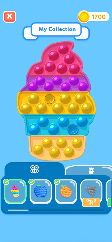 Fidget Trading 3D- Toy Collect - 이 '내 컬렉션' 화면은 사용자가 소유한 다양한 피젯 중 무지개 컵케이크 팝잇을 크게 전시하여 수집의 즐거움과 진행 상황을 한눈에 보여줍니다.