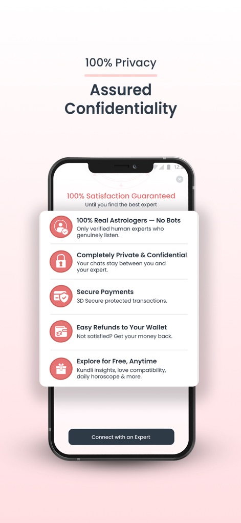 Anytime Astro Live Chat & Talk - Understand the app's commitment to user privacy through features like "Completely Private & Confidential" chats and the "Secure Payments" guarantee.
