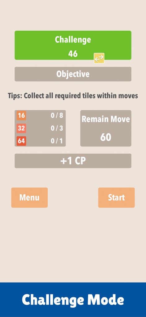 2048 :) - こちらのスクリーンショットでは、「Remain Move 60」として残りの移動回数が示され、「16」「32」「64」といった特定のタイル収集という達成目標が明確に提示されています。