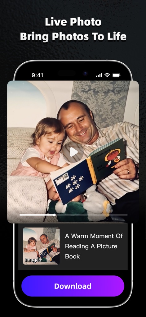 AI Marvels - AI Photo Editor - Users can animate cherished still photos, turning them into dynamic videos as shown by the prominent play button and descriptive video title.