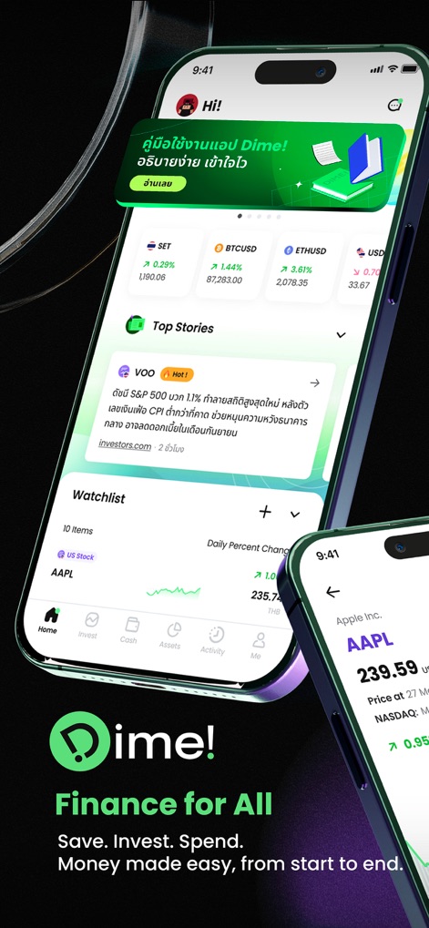 Dime!  เงินฝาก หุ้น กองทุน ทอง - La aplicación presenta una visión general del mercado financiero, incluyendo porcentajes de rendimiento clave y una lista de seguimiento personalizable para activos como Apple (AAPL).