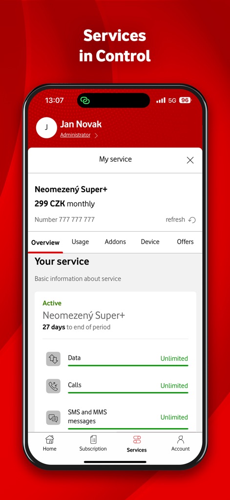 My Vodafone+ - Users can efficiently manage their active services, viewing details like "Data" usage and exploring "Addons" directly within this streamlined interface.