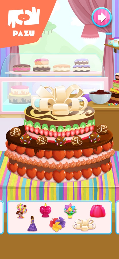 Cake maker Cooking games - 이 앱은 딸기와 하트 장식이 어우러진 여러 층의 초콜릿 케이크를 선보이며, 하단의 캔디, 꽃, 리본 등 풍부한 데코레이션 선택지를 통해 무한한 창의력을 발휘할 수 있습니다.