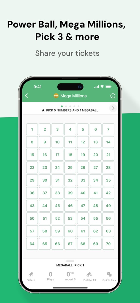 TuLotero Lottery App - Users can effortlessly pick their lucky numbers using the interactive grid and finalize their selection with clear action buttons for play customization.