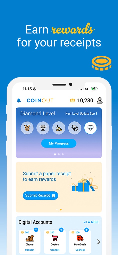 CoinOut: Receipts for Rewards - Users can navigate their progress through the 'Diamond Level' display and easily access the 'Submit a paper receipt' call to action directly from the personalized dashboard.