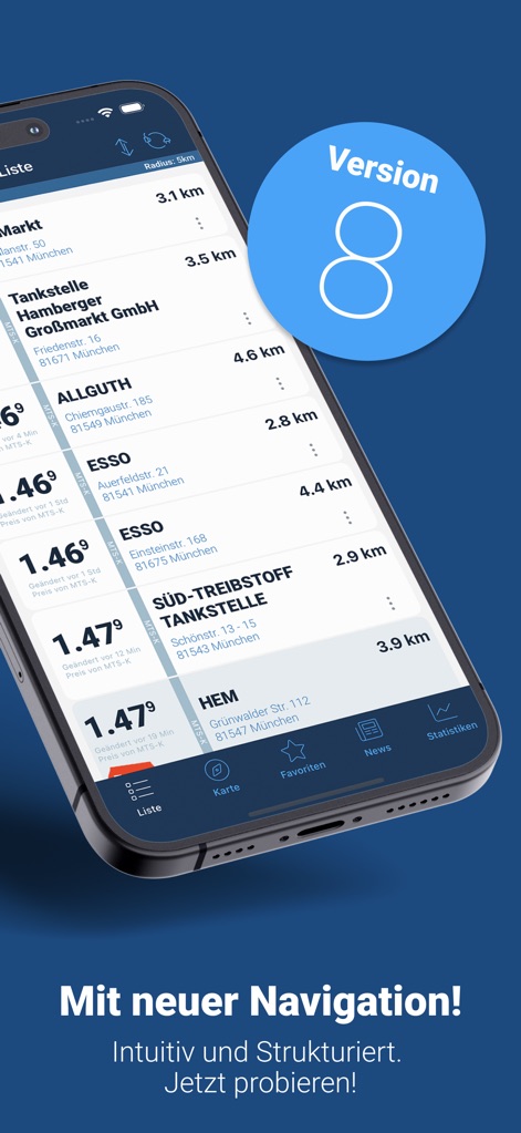 clever-tanken.de - Die App präsentiert eine aktualisierte Benutzeroberfläche, welche eine intuitive Navigation und eine übersichtliche Stationsliste für schnelle Preisvergleiche bietet.