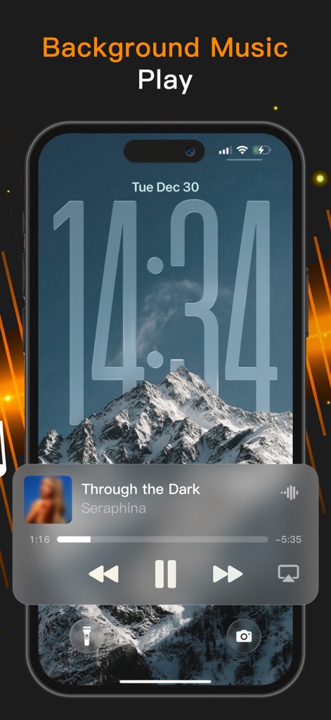 Music X : Offline Music player - Music X optimiza la experiencia del usuario con la reproducción en segundo plano, mostrando controles de música accesibles directamente desde la pantalla de bloqueo y la información detallada de la canción, incluyendo el 'título de la pista' y el 'artista'.