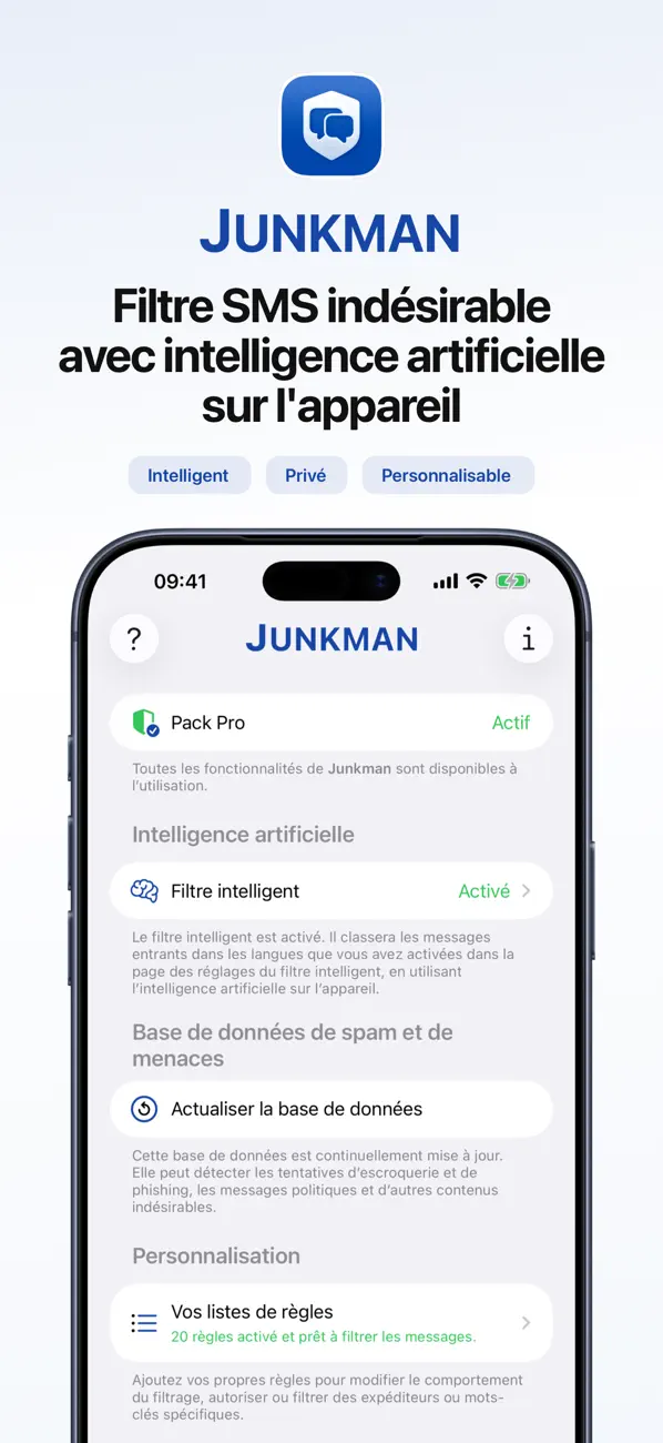 Screenshot #1 pour Junkman: Bloqueur de SMS IA