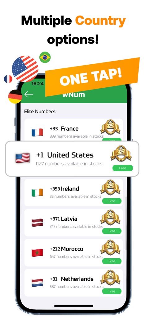 wNum | Number for WA Business - This view highlights the "Multiple Country options!" available and the "ONE TAP!" process for selecting a virtual number from the expansive list.