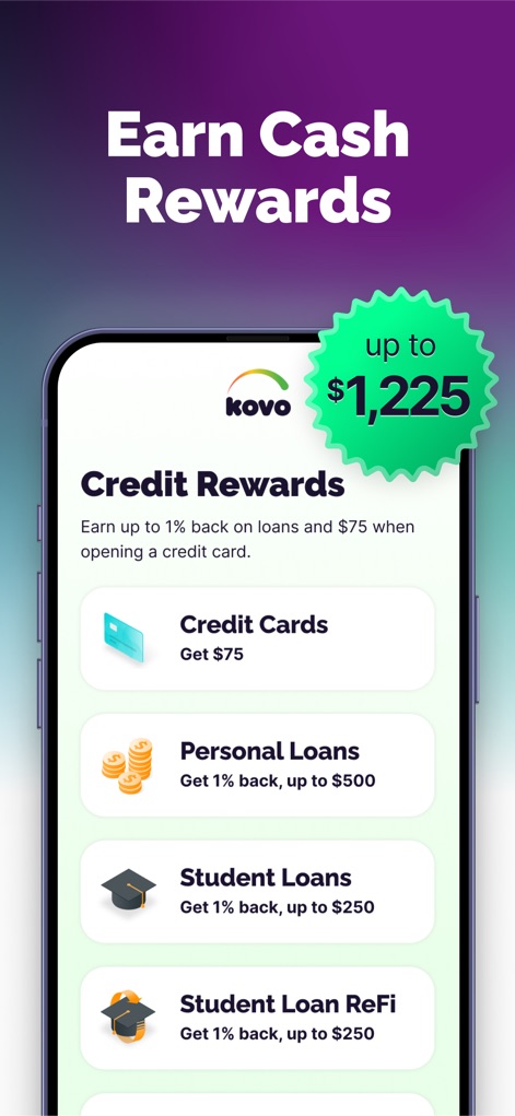 Kovo - Fast Credit Builder - L'outil présente un aperçu des "récompenses en espèces" que les utilisateurs peuvent obtenir, allant jusqu'à "$1,225" via des opportunités comme les "cartes de crédit" et les "prêts personnels".