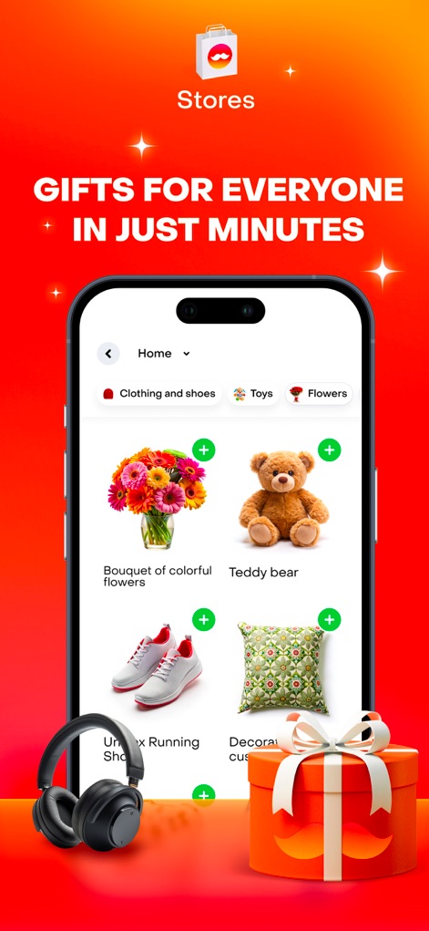 Rappi - Deliveries in Minutes - Witness the comprehensive stores section, offering a variety of items from "colorful flowers" to "teddy bears" and "running shoes" for every need.