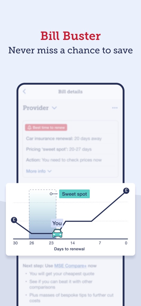 MoneySavingExpert - The Bill Buster feature helps users manage renewals by graphically illustrating the optimal "Sweet spot" for purchasing and showing the remaining "Days to renewal".