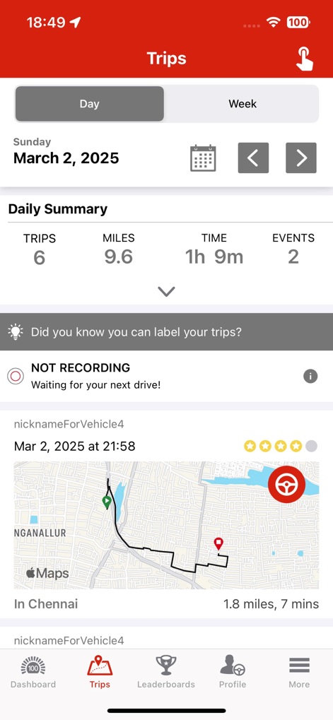 Drive Safe & Save® Business - Users can review their daily driving performance with a 'Daily Summary' of trips and miles, alongside a status indicator like 'NOT RECORDING' to track app activity.