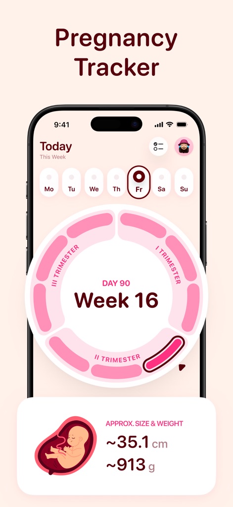 Ovi Cycle & Period Tracker - The app offers a dedicated pregnancy tracker, featuring a visual progress wheel for gestational week monitoring and detailed fetal size and weight estimates.
