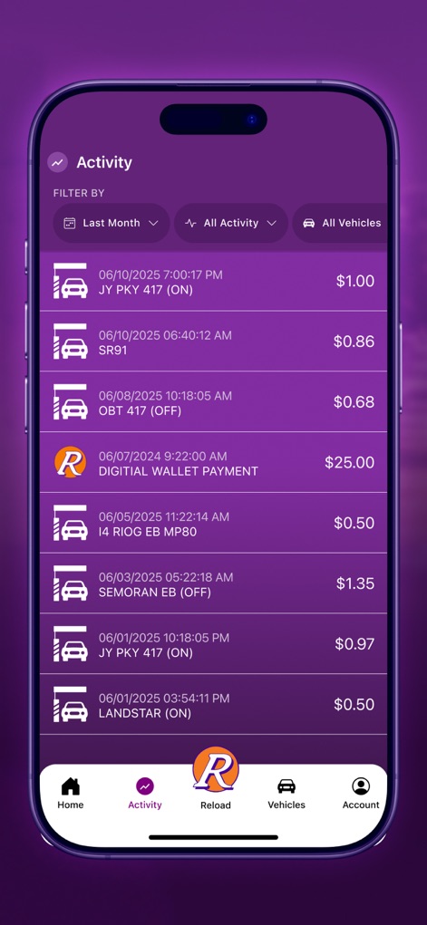 E-PASS Toll App - The app provides a comprehensive activity log, allowing users to filter by date and view individual toll transactions with their respective amounts.