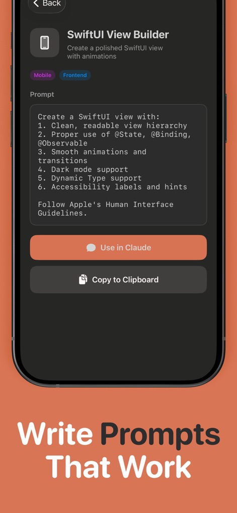 Mobile IDE for Claude Code - The app provides a Prompt Hub with curated templates for tasks like SwiftUI View building, complete with detailed requirements and options to copy or use in Claude.