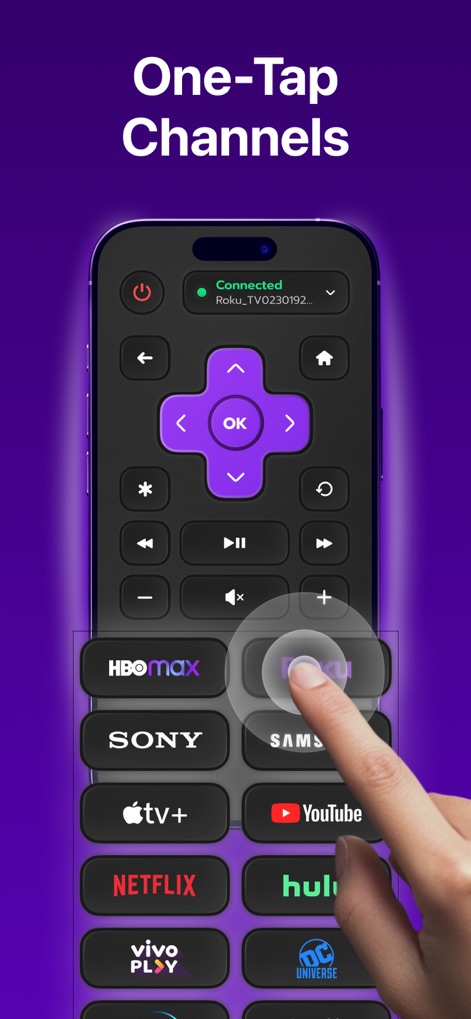 Remote Control for Roku TV ◦ - Los usuarios pueden lanzar sus servicios de streaming preferidos directamente desde la pantalla, con iconos de aplicaciones y una funcionalidad de acceso rápido con un solo toque.