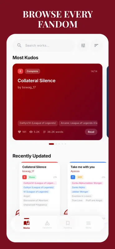Fanworks: AO3 Unofficial screenshot 1 of 4