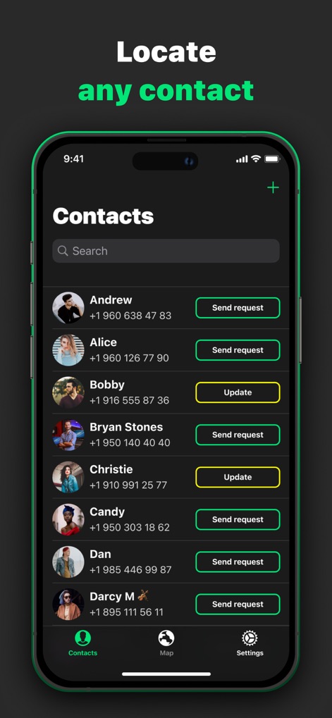 Find Us: Phone Number Tracker - 이 앱은 연락처 목록에서 원하는 친구를 선택하고 '요청 보내기' 버튼을 통해 쉽게 위치 확인을 시작할 수 있도록 합니다.
