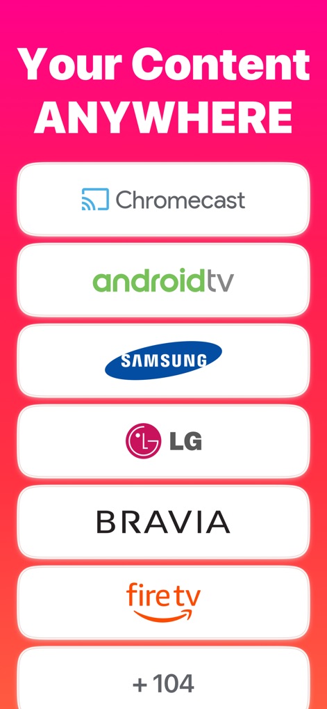 Replica・Screen Mirroring・Cast - Explore the app's vast compatibility, demonstrating support for popular streaming devices like Chromecast and a multitude of Smart TV brands like Samsung and LG.