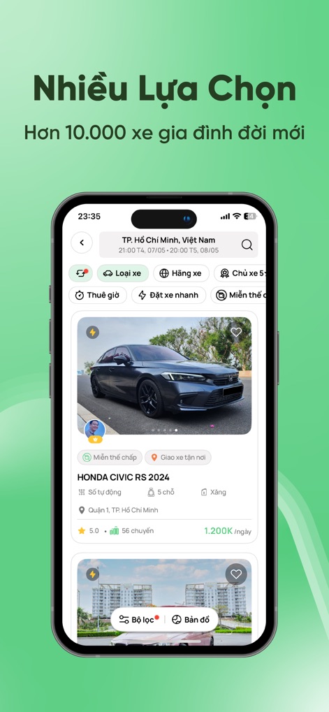 MIOTO - Thuê xe tự lái - This screen displays a multitude of available vehicles, showcasing detailed listings for each car, including model years like "Honda Civic RS 2024" and transparent pricing per day.