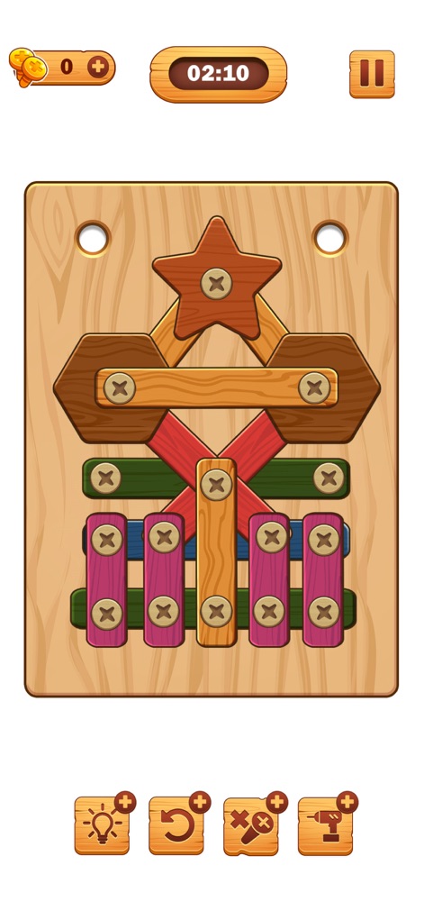 Screw Puzzle: Wood Nut & Bolt™ - Una vista de un diseño de puzzle excepcionalmente creativo, con una figura central de estrella y hexágono que se asienta sobre una base compleja de tablas cruzadas, demostrando la rica variedad y el ingenio de los niveles de la aplicación.