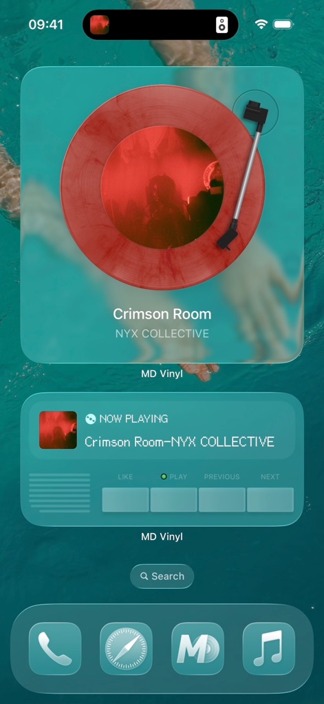 MD Vinyl for Music App - La aplicación integra widgets en la pantalla de bloqueo o inicio, mostrando un llamativo vinilo rojo con un brazo de tocadiscos y un widget de 'NOW PLAYING' con información detallada de la canción.