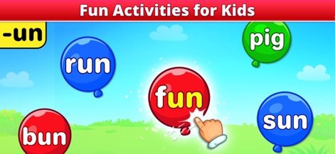ABC Spelling - Spell & Phonics - L'app presenta attività divertenti con parole in rima e famiglie di parole, come mostrato dai palloncini colorati con le parole e dal suffisso '-un' evidenziato per il riconoscimento fonetico.