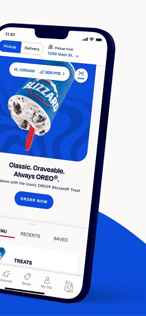 Dairy Queen® Food & Treats - The app greets users with personalized messages and offers, showcasing prominent items like the OREO® Blizzard® Treat and displaying the current DQ® Points balance.