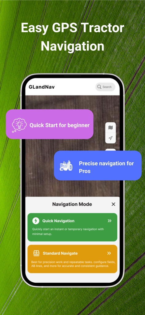 Tractor GPS : Field Navigator - Cet écran met en évidence l'interface intuitive pour les débutants avec le 'Démarrage rapide' et les options de 'Navigation standard' détaillées pour les professionnels.