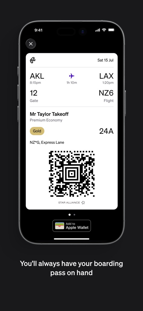 Air NZ - The app presents a clear digital boarding pass featuring a scannable QR code and options to add it to a digital wallet.