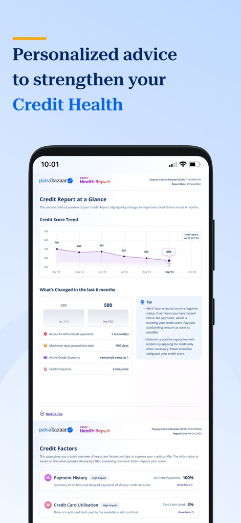 Paisabazaar.com- Loans & Cards - The app provides a comprehensive 'Credit Score Trend graph' to visualize performance over time and a breakdown of 'detailed credit factors' influencing financial health.