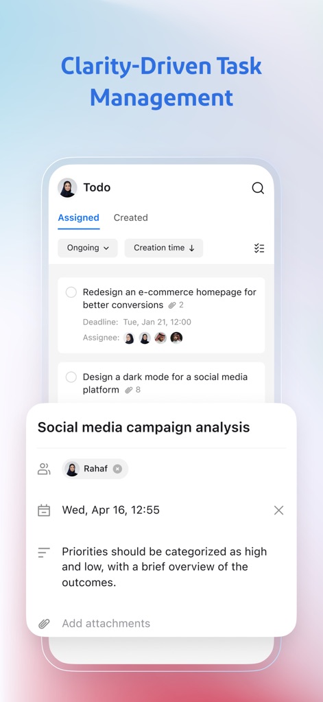 Beem: One Platform for Work - This screenshot illustrates the app's clarity-driven task management, presenting categorized tasks such as "Redesign an e-commerce homepage" and showing assignee avatars for clear ownership.