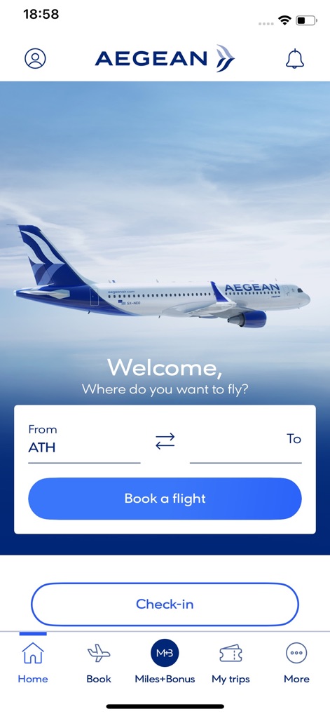 Aegean Airlines - Die App begrüßt Nutzer mit einer inspirierenden Startseite, die ein großes Flugzeugbild und ein klares Suchformular für Flugbuchungen integriert.