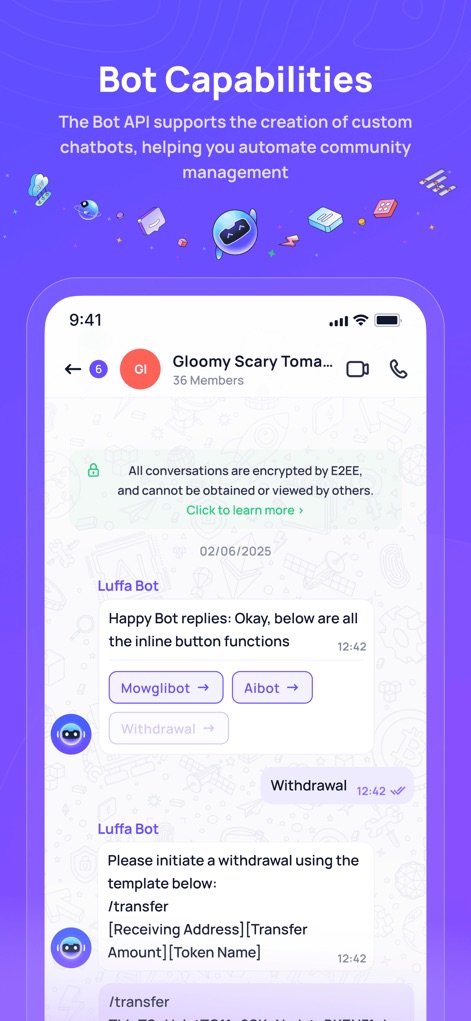 Luffa:Secure Encrypted Chat - This screen highlights secure "E2EE" encrypted conversations and showcases the app's "bot capabilities" for automated tasks within chats.