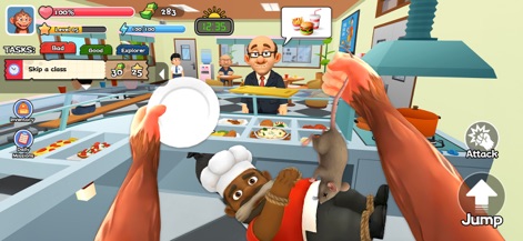 Monkey Student: School Prank - Users can explore the school cafeteria setting, encountering characters like the tied-up chef and utilizing unexpected props such as a mouse on a plate.