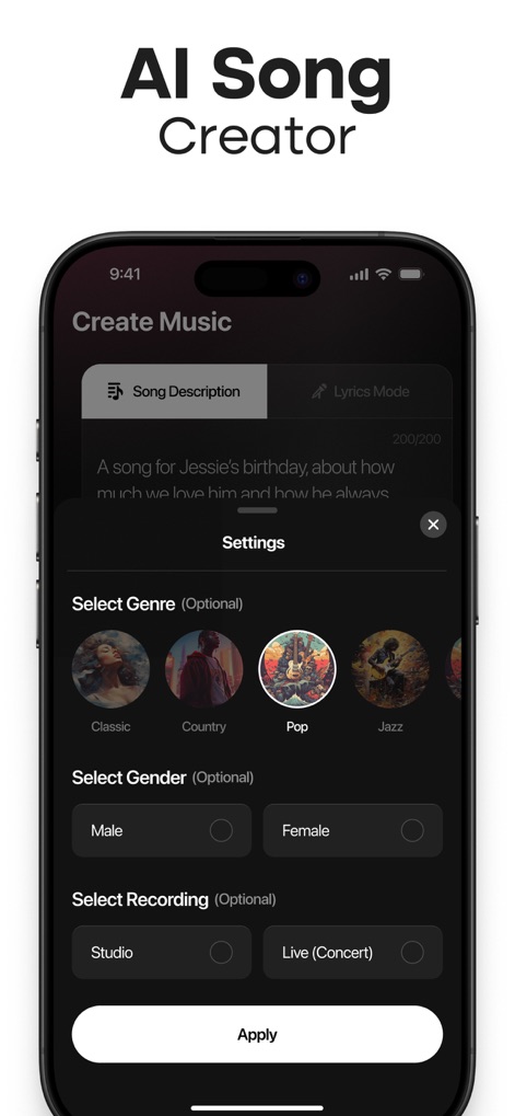 MyTunes : AI Music Generator - Advanced customization is available within the AI Song Creator, where users can define specific genres, vocal gender, and choose between studio or live recording environments.