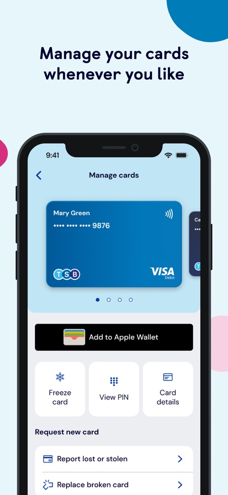 TSB Mobile Banking - Users gain complete oversight of their cards, featuring a visual "TSB Visa Debit" representation and direct actions such as "Freeze card" or "Add to Apple Wallet".
