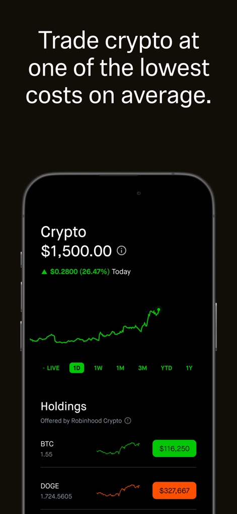 Robinhood: Trading & Investing - Obtenez un aperçu clair de vos investissements crypto, affichant le solde total et la liste détaillée de vos avoirs comme BTC et DOGE.