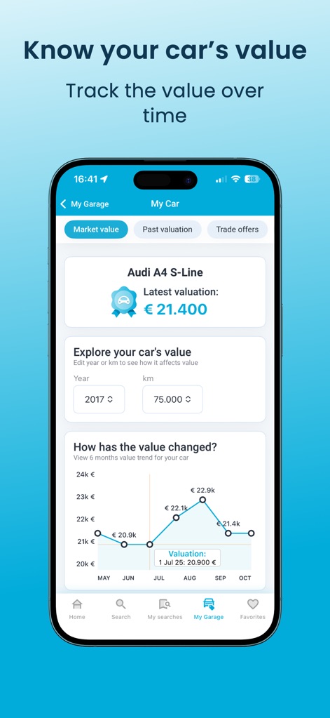 AutoUncle: Search used cars - The app provides a precise "Latest valuation" for a user's car and visualizes its depreciation over time with a clear trend line graph.