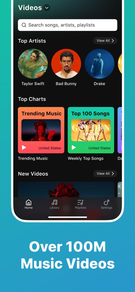 Offline Music & MP3 Player - Explore a rich collection of music videos, organized by 'Top Artists' and 'Top Charts', offering users access to 'Over 100M Music Videos'.