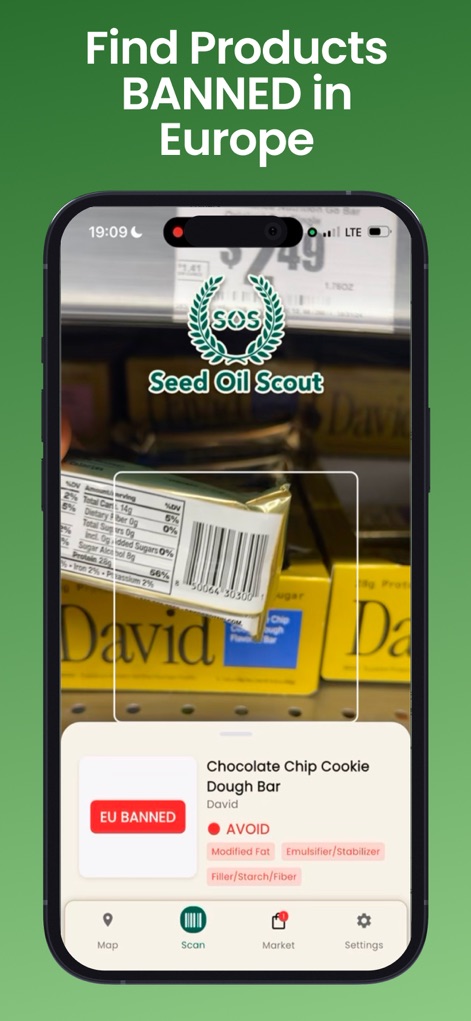 Seed Oil Scout: Healthy Dining - The app's scanning feature provides critical product information, instantly flagging items 'BANNED in Europe' and highlighting problematic ingredients with 'AVOID' tags like 'Modified Fat' and 'Emulsifier/stabilizer'.