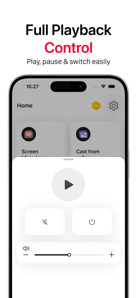 UbeCast - Os usuários têm controle total sobre a reprodução de mídia, evidenciado pelos botões de reprodução/pausa e pelas opções de ajuste de áudio em um overlay intuitivo.