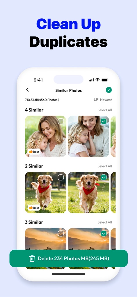 Clean Master: AI Clean Storage - See how this tool intelligently identifies and groups similar images, allowing users to free up space with a clear one-tap deletion button.