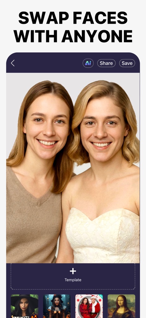 AI Face Swap - Face Editor - Die App erlaubt Nutzern, Gesichter mit jeder gewünschten Person zu tauschen, wie hier durch die beiden harmonisch erscheinenden Frauengesichter und die klare Überschrift "SWAP FACES WITH ANYONE" verdeutlicht.